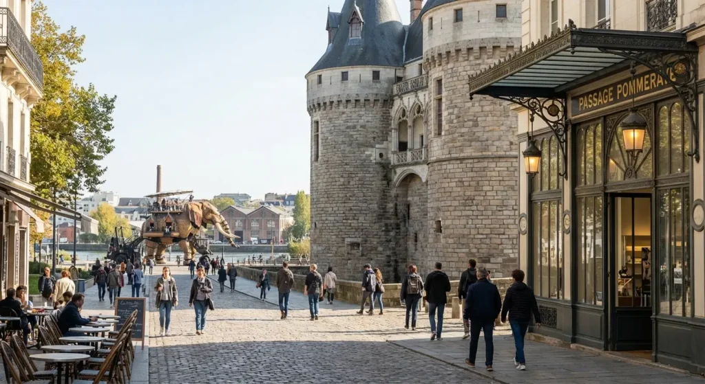 Vue d'une rue de Nantes avec le célèbre éléphant dans le fond