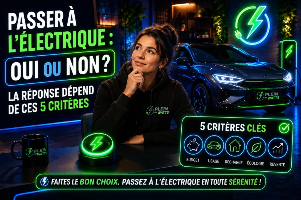 Une femme qui se pose des questions sur les critères pour passer à l'électrique sur une sorte de plateau TV. Les critères du choix s'affichent.