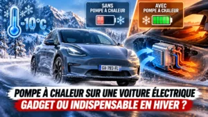 Une voiture électrique à gauche sur une route glacée et à droite la représentation d'une pompe à chaleur