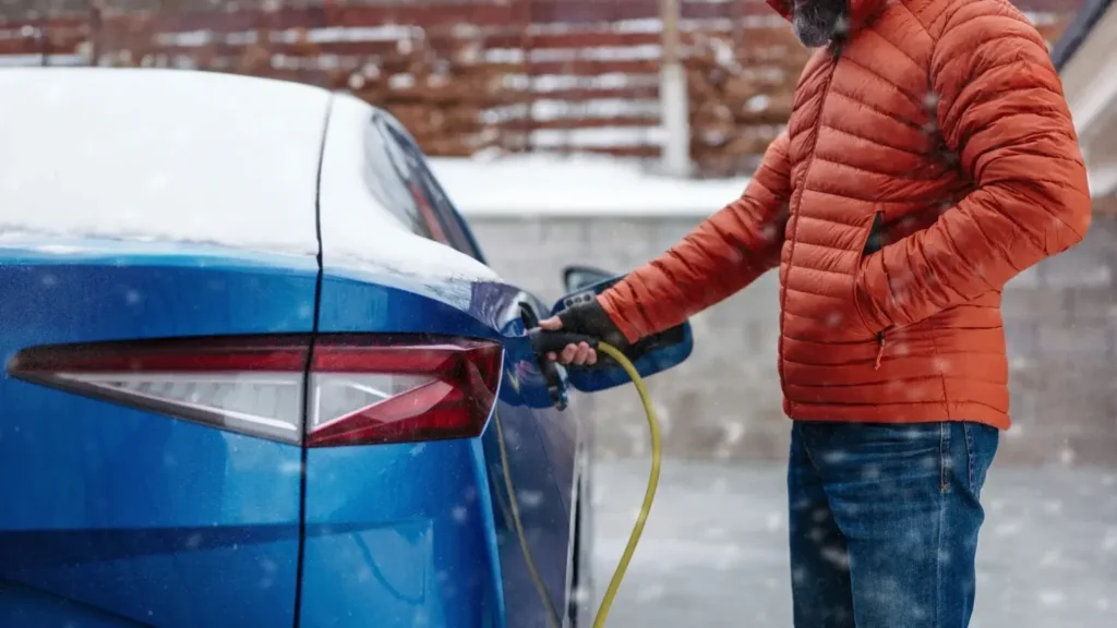 Un homme en doudoune branche son véhicule électrique alors que la neige tombe
