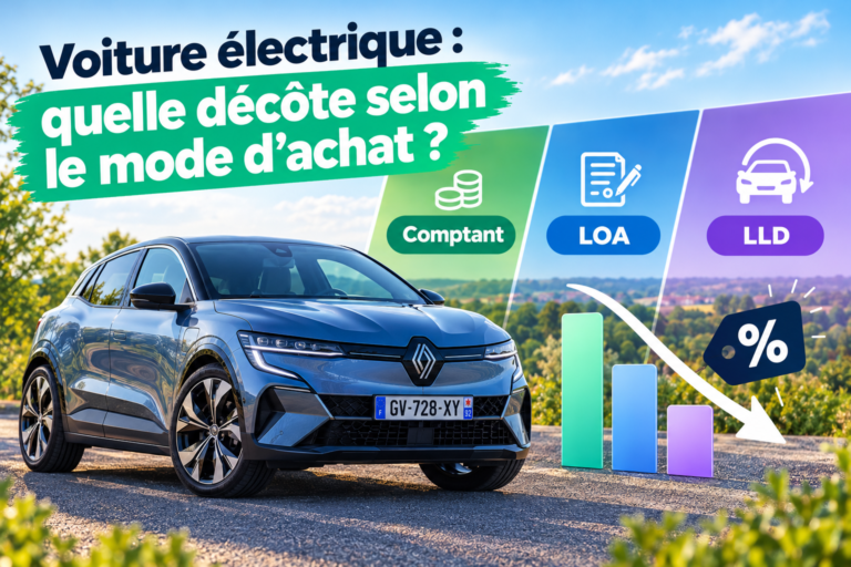 Une voiture électrique qui est représentée à gauche avec un présentation graphique à droite montrant l'achat cash, en LOA ou LLD